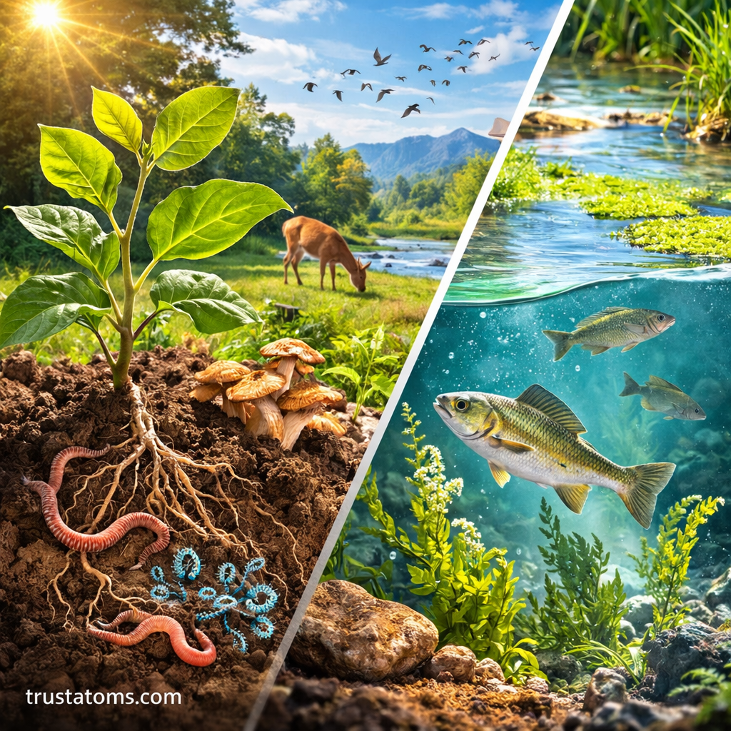 Split educational diagram illustrating the carbon cycle and nitrogen cycle in ecosystems with plants, animals, soil nutrients, and atmospheric exchange.