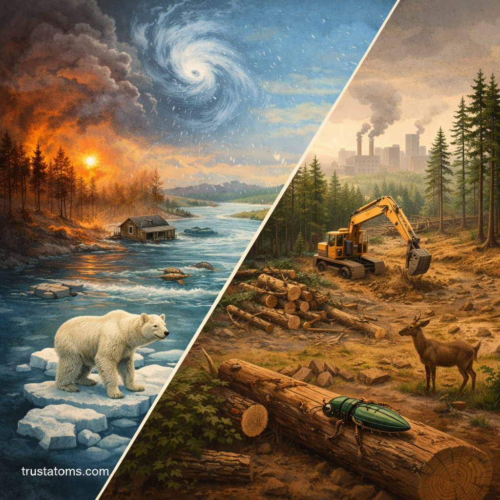 Split illustration showing climate change impacts with melting ice and extreme weather on one side and deforestation with logging machinery and habitat disruption on the other.