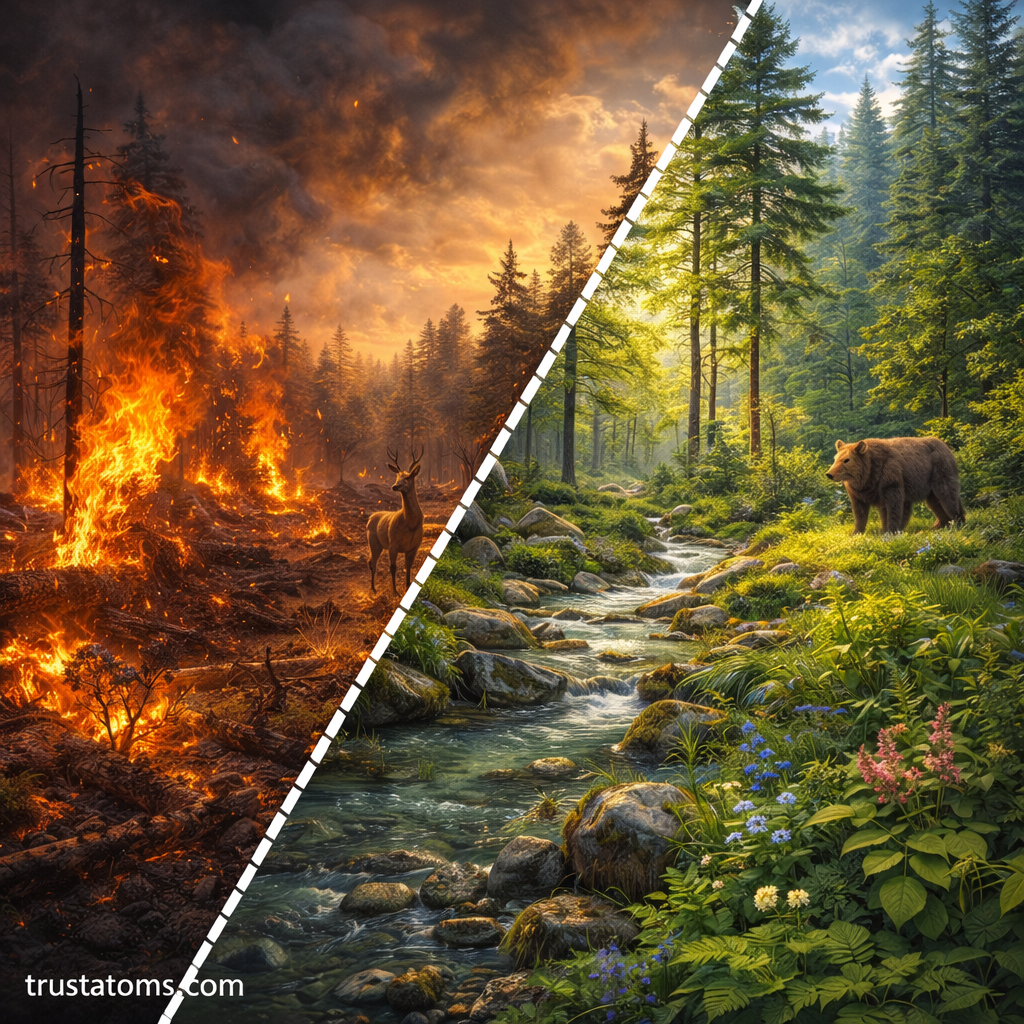 Split illustration showing a forest wildfire disturbance on one side and a recovered healthy forest ecosystem on the other.