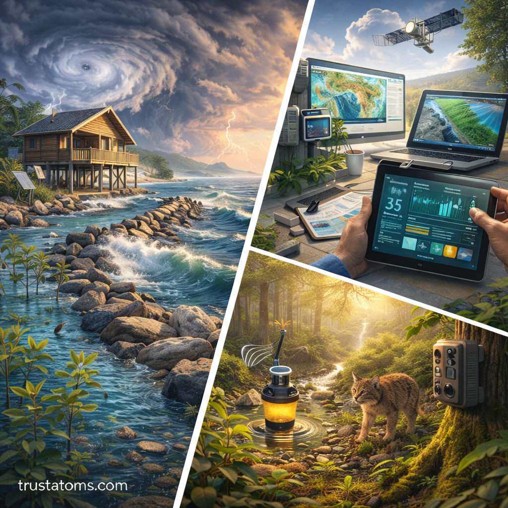 Split illustration showing coastal ecosystem protection and environmental monitoring technology used to study restored habitats.