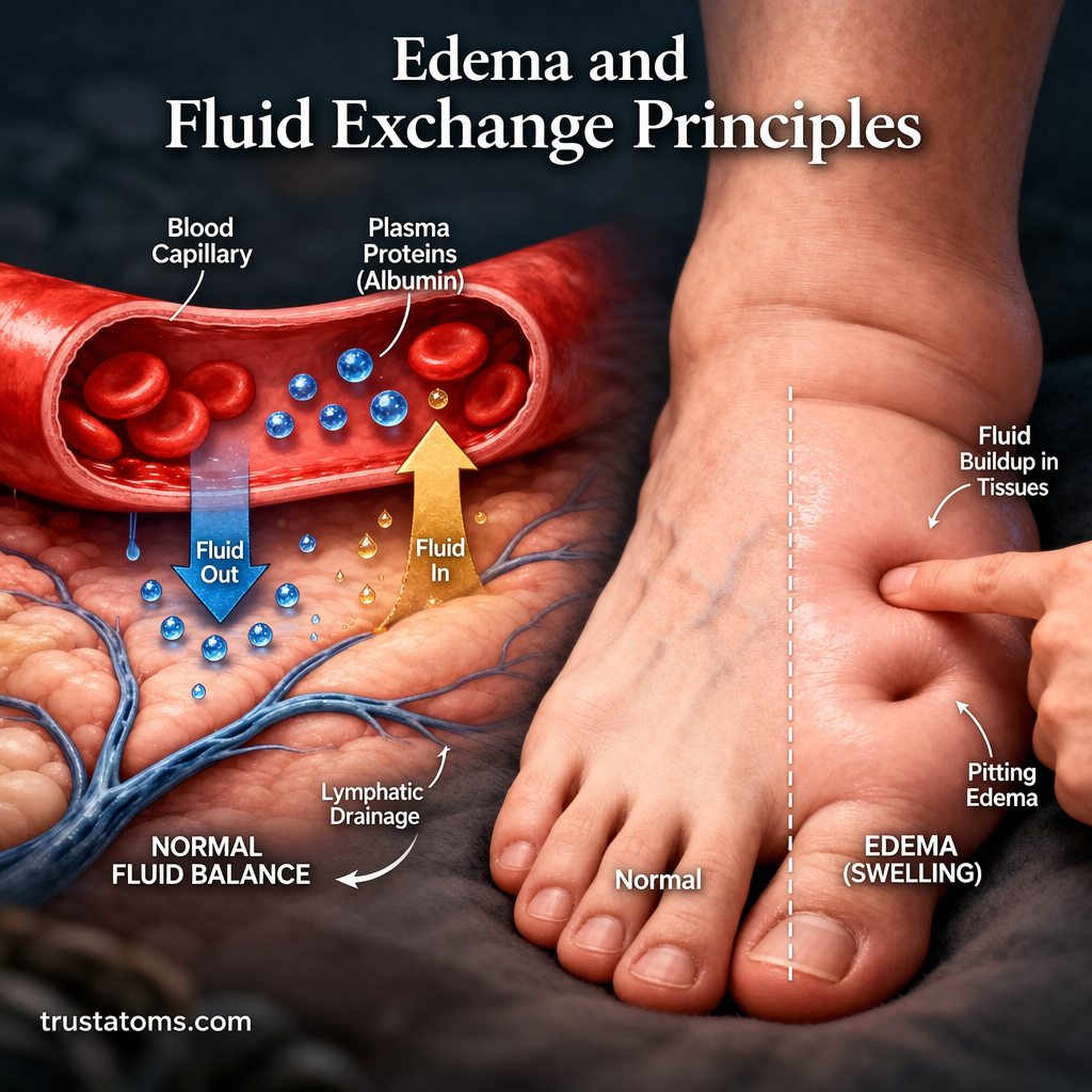 Illustration showing normal fluid exchange in capillaries versus edema with fluid buildup and swelling in tissues.