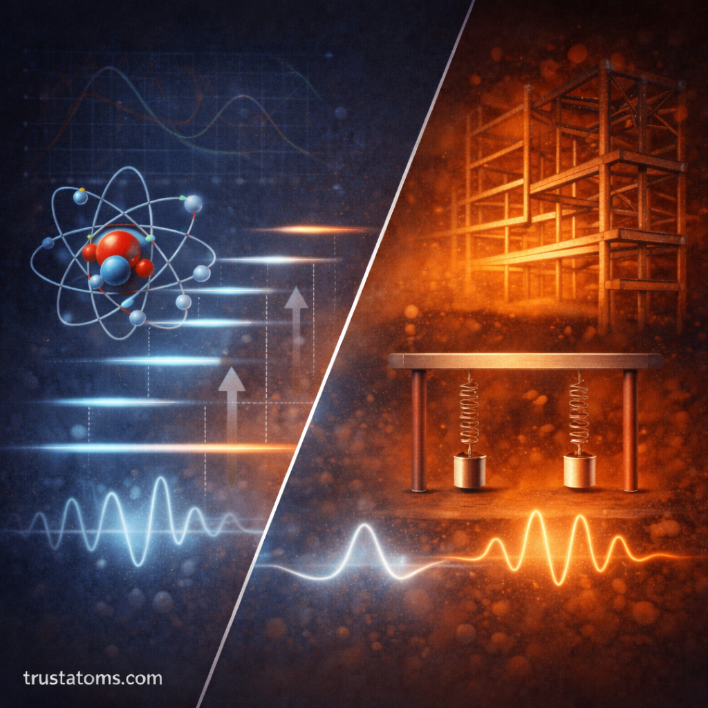 Split illustration showing quantum energy levels and structural vibration modes as examples of eigenvalue problems, trustatoms.com watermark.