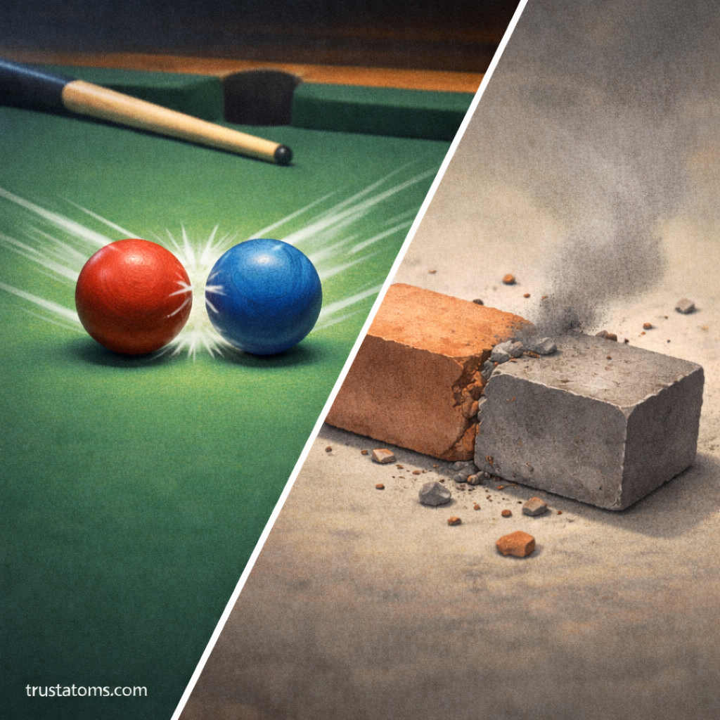 Split illustration showing billiard balls colliding elastically on a pool table and bricks breaking apart in an inelastic collision.