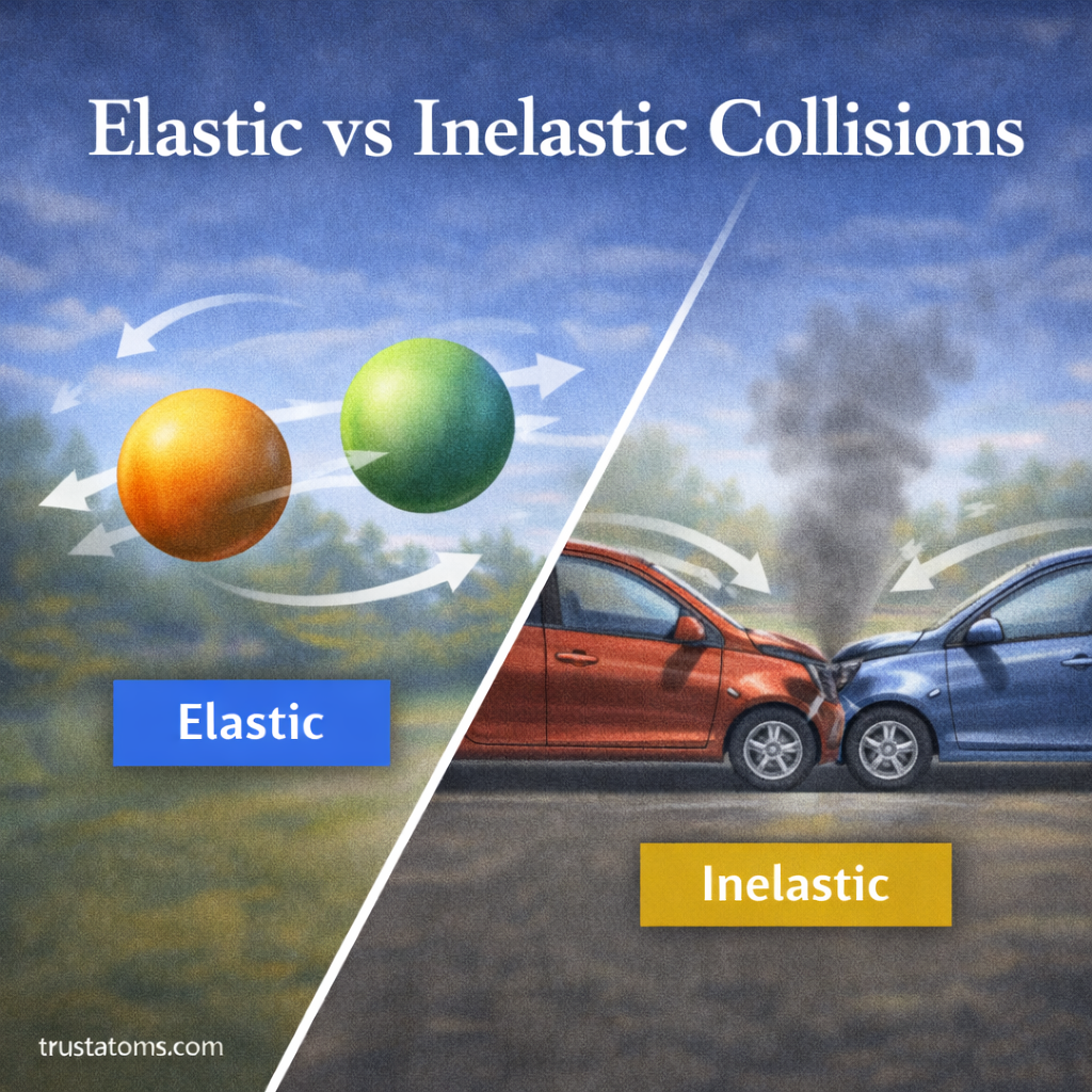 Educational illustration comparing elastic and inelastic collisions with bouncing balls on one side and a car crash on the other.