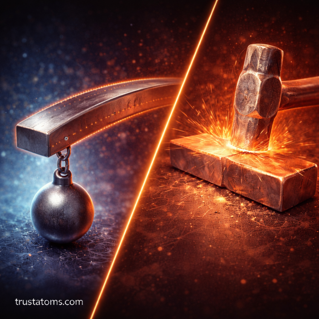 Split illustration showing elastic bending of a metal beam under weight on one side and permanent plastic deformation from hammering on the other.