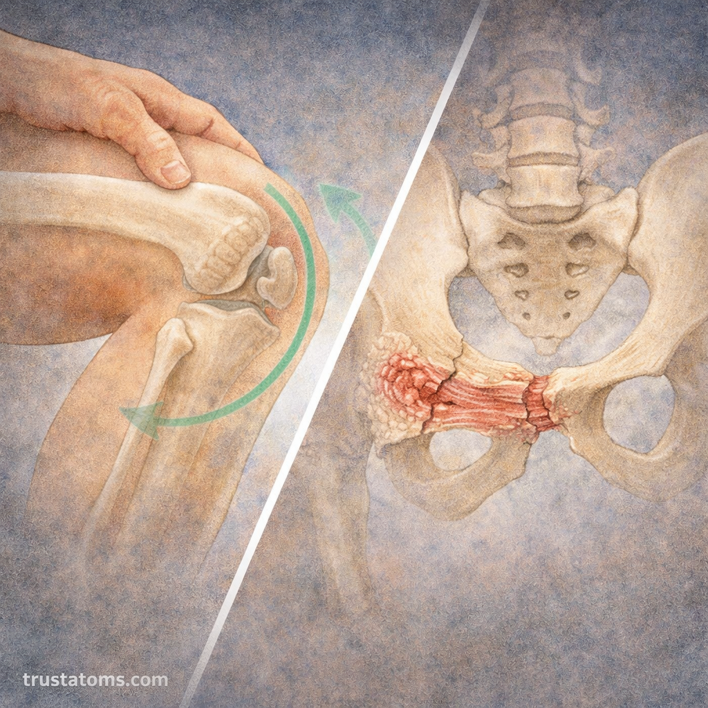 Split illustration showing elastic deformation in a knee joint and plastic deformation with tissue damage in the pelvis.