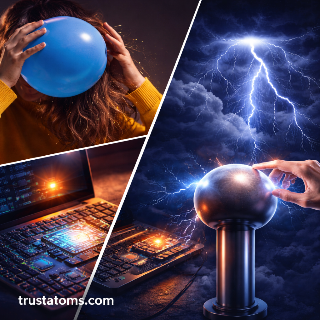 Split illustration showing static electricity from a balloon, lightning in a storm, and electric charge used in electronics.