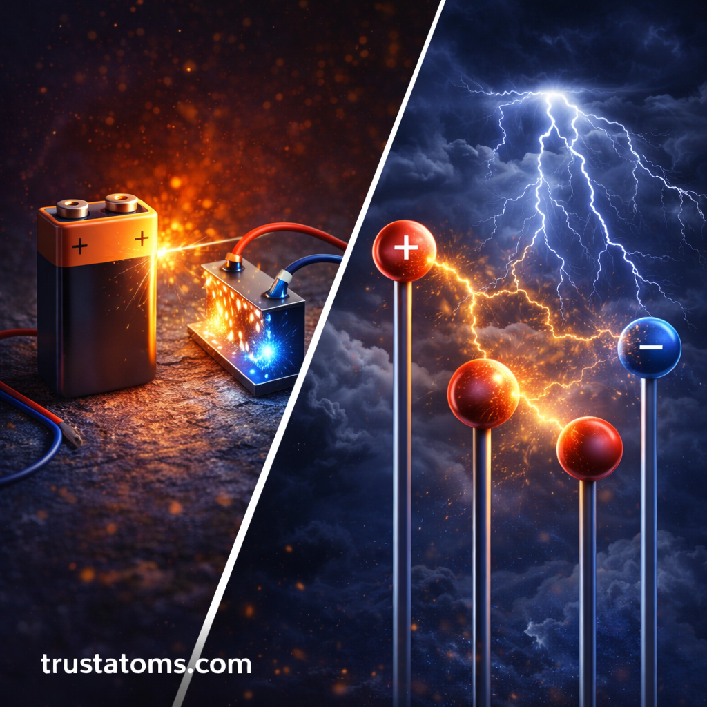 Split illustration showing electric potential energy stored in a capacitor connected to a battery and electric charge buildup that leads to lightning.