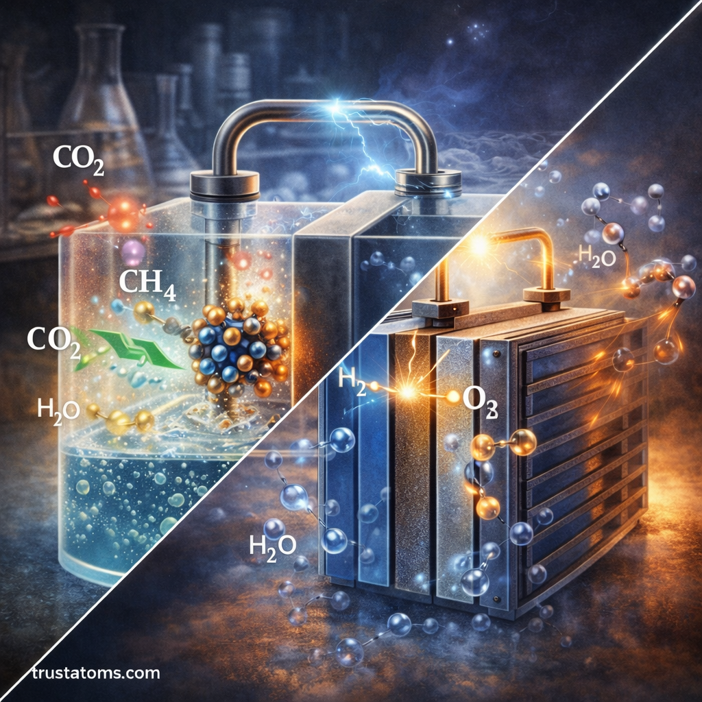 Split illustration showing electrocatalysis applications including carbon dioxide reduction and hydrogen fuel cell electricity generation.