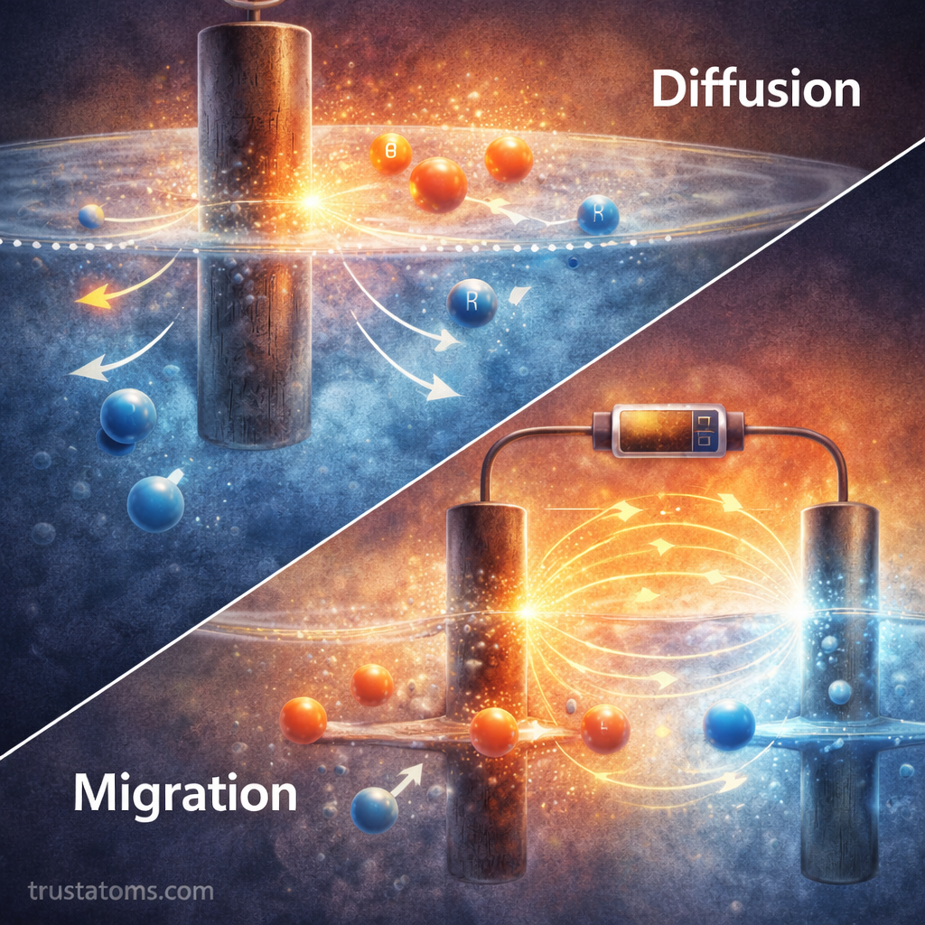 Split diagram illustration showing ion movement through diffusion and migration processes near electrodes in an electrochemical system.