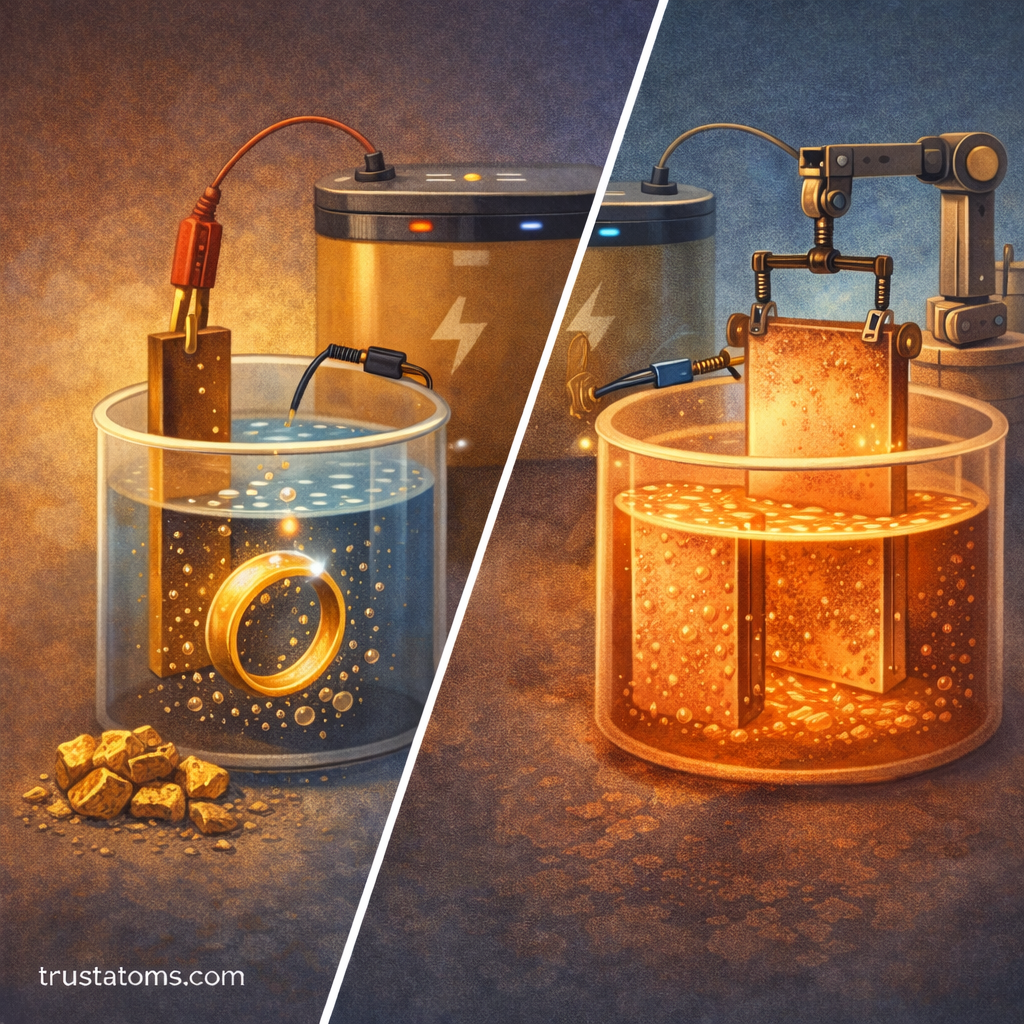 Split illustration showing electroplating of a gold ring on one side and metal refining through electrolysis on the other, demonstrating practical applications of Faraday’s Laws.