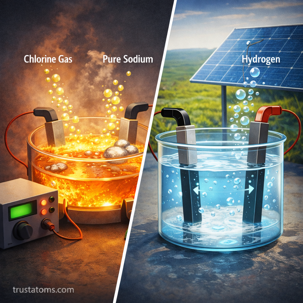 Split diagram showing two electrolysis examples: molten sodium chloride producing chlorine gas and sodium metal on one side, and water electrolysis producing hydrogen gas using electricity on the other.
