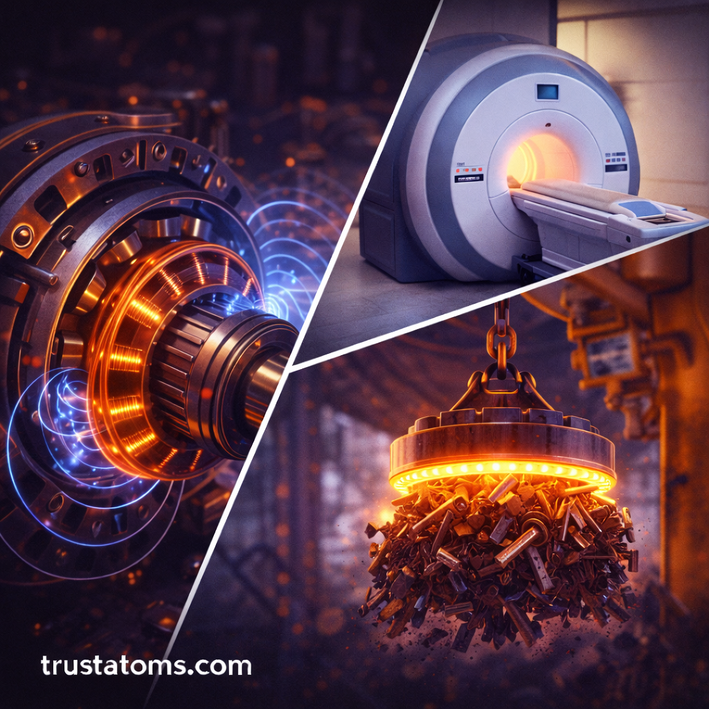 Split illustration showing real-world electromagnet uses including an electric motor coil, an MRI scanner, and a magnetic crane lifting metal.