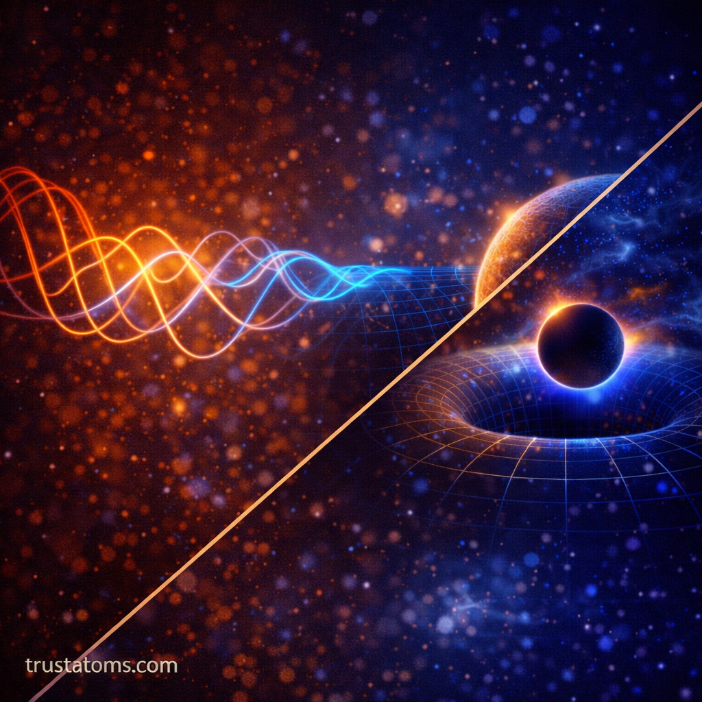 Diagonal split illustration showing electromagnetic wave energy on one side and curved spacetime around a black hole representing gravitational energy density on the other.