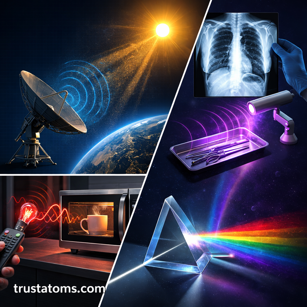 Split illustration showing examples of electromagnetic radiation including sunlight, radio communication, microwave heating, X-ray imaging, and visible light dispersion through a prism.
