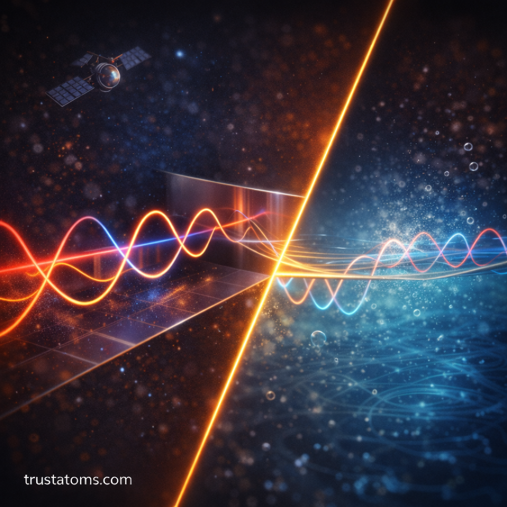 Split illustration showing electromagnetic wave reflection from a metal surface on one side and refraction into water on the other.