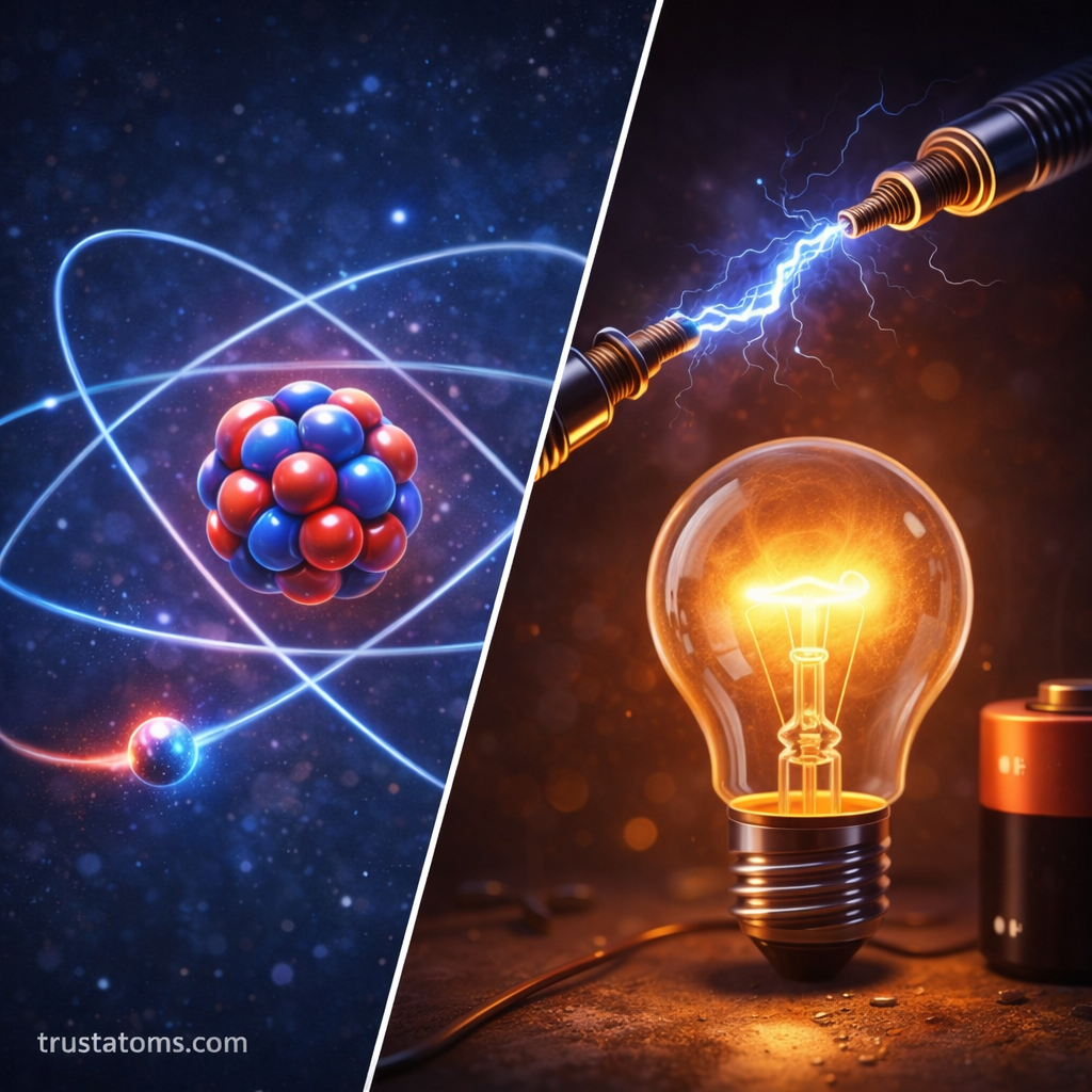 Split illustration showing an atomic nucleus with orbiting electrons on one side and electricity powering a light bulb on the other.