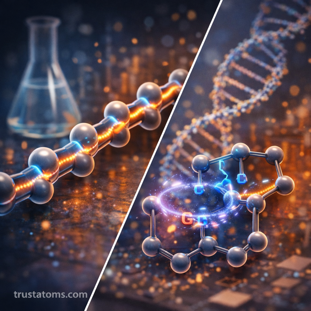 Split illustration showing electron delocalization in a conjugated carbon chain and aromatic DNA base structure with electrons distributed across multiple atoms.