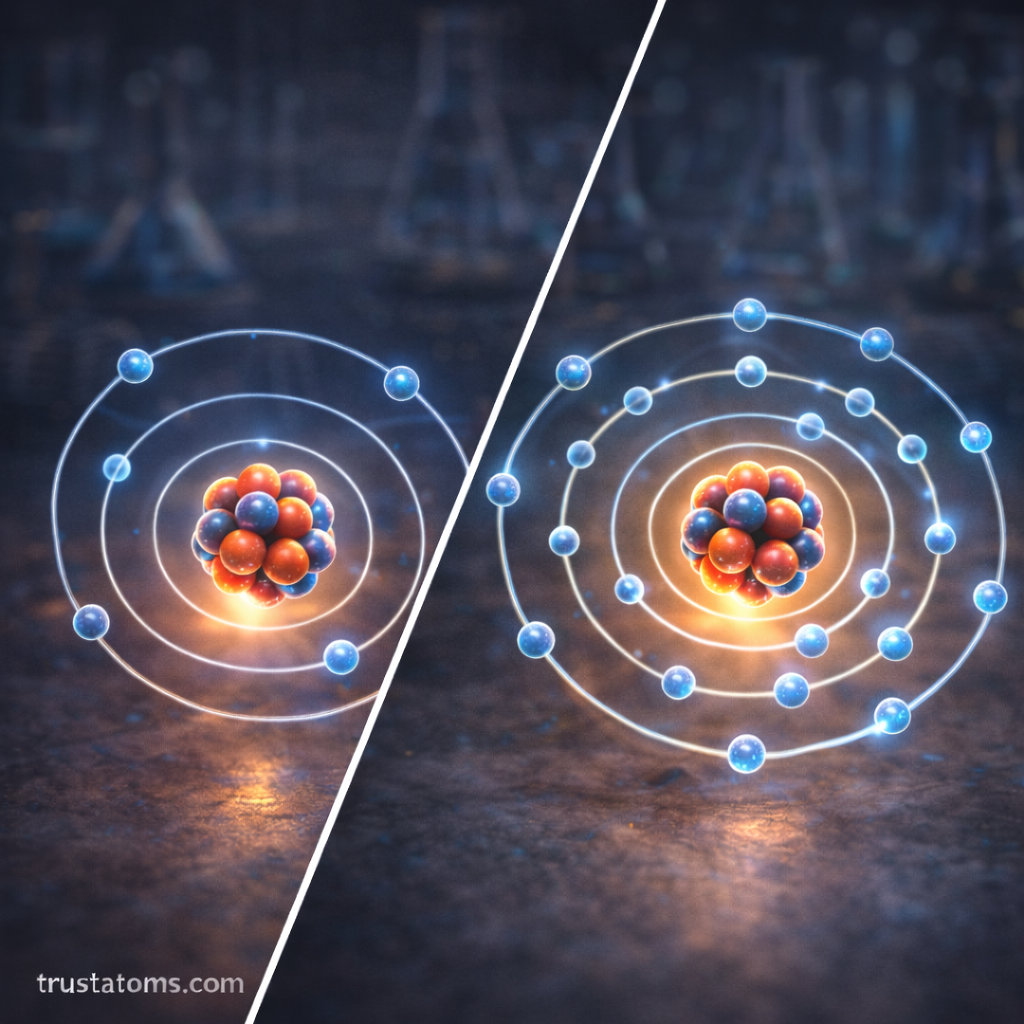 Illustration showing electron shells filling around an atomic nucleus, demonstrating electron configuration and energy levels.