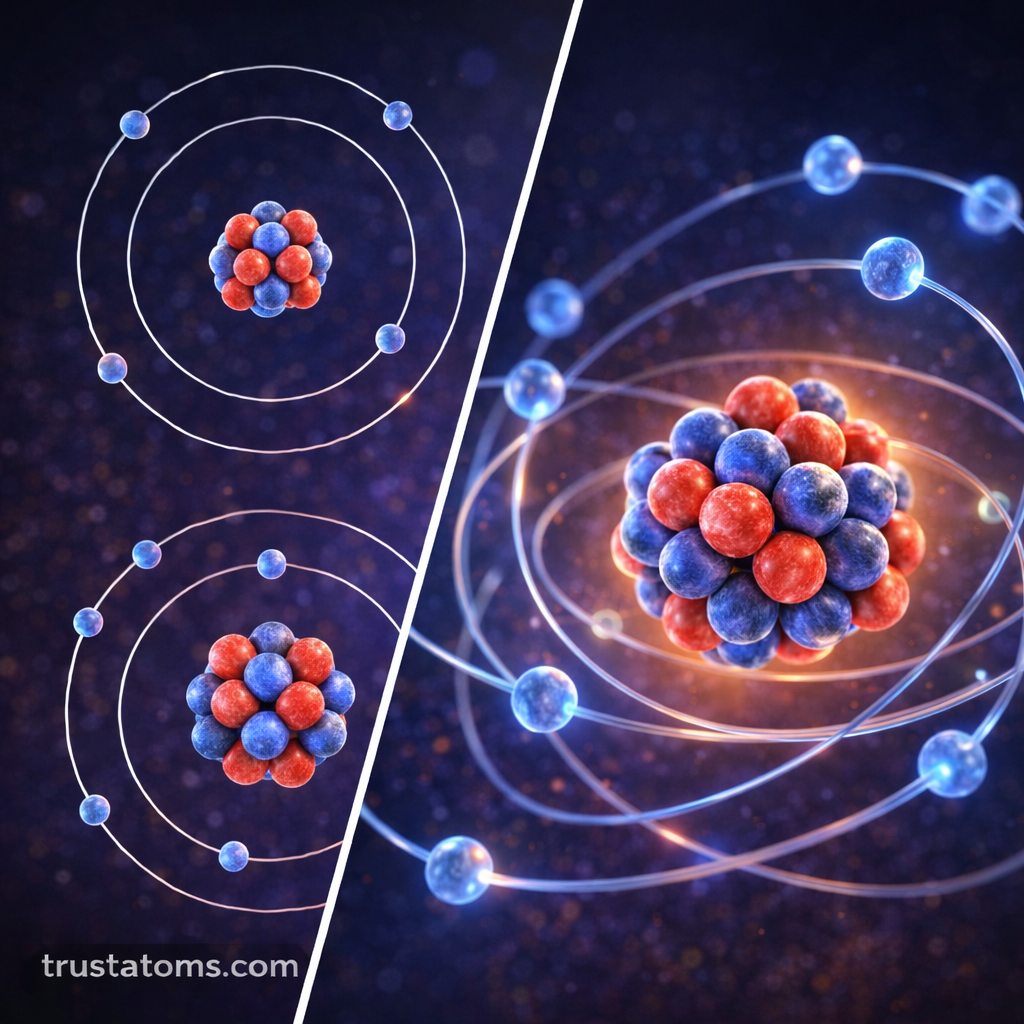 Split illustration showing simple electron shell diagrams on one side and a three-dimensional atom with multiple electron shells around a nucleus on the other.