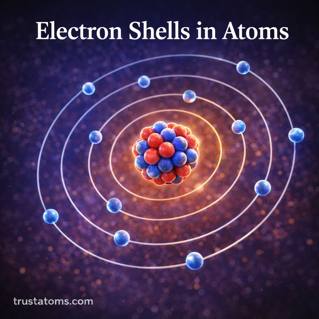 Educational atom diagram showing multiple electron shells surrounding a nucleus to explain electron energy levels in atoms.