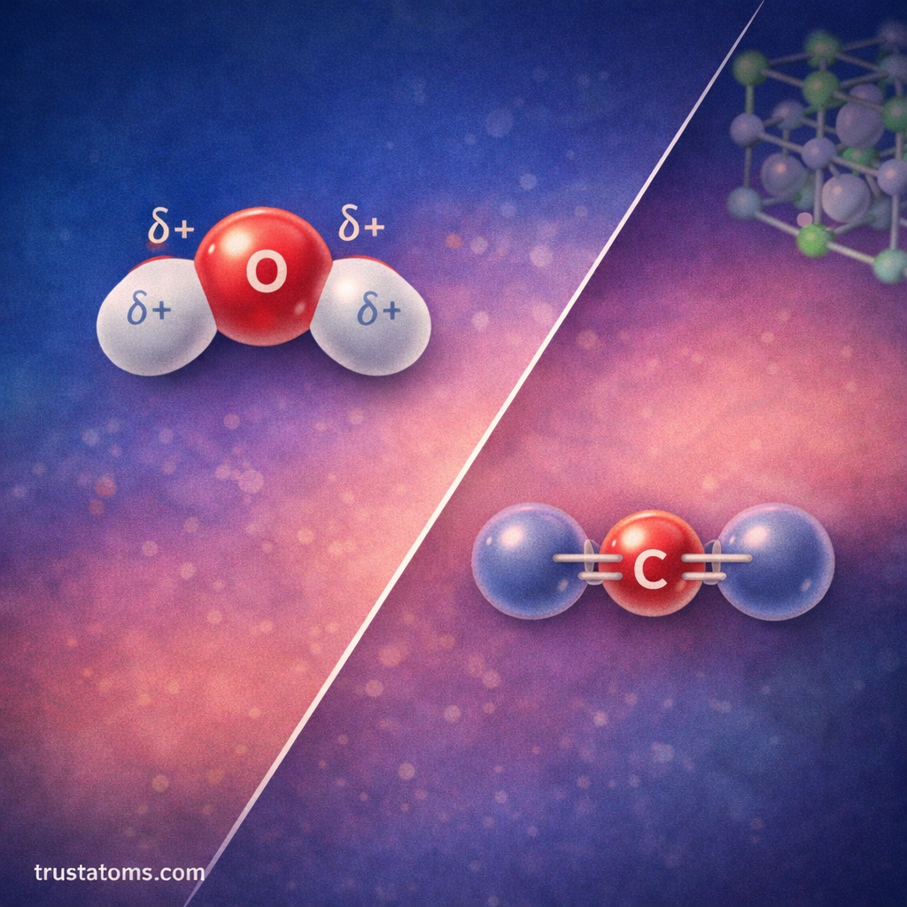 Educational chemistry diagram comparing a polar water molecule and a nonpolar carbon dioxide molecule to illustrate electronegativity differences.