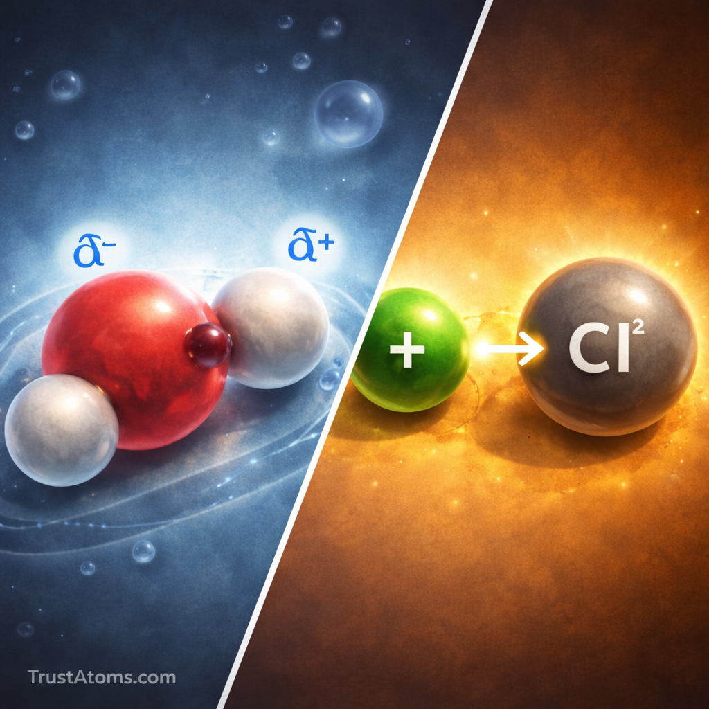Split illustration showing a polar water molecule on one side and an ionic sodium-chlorine bond on the other to demonstrate electronegativity differences.