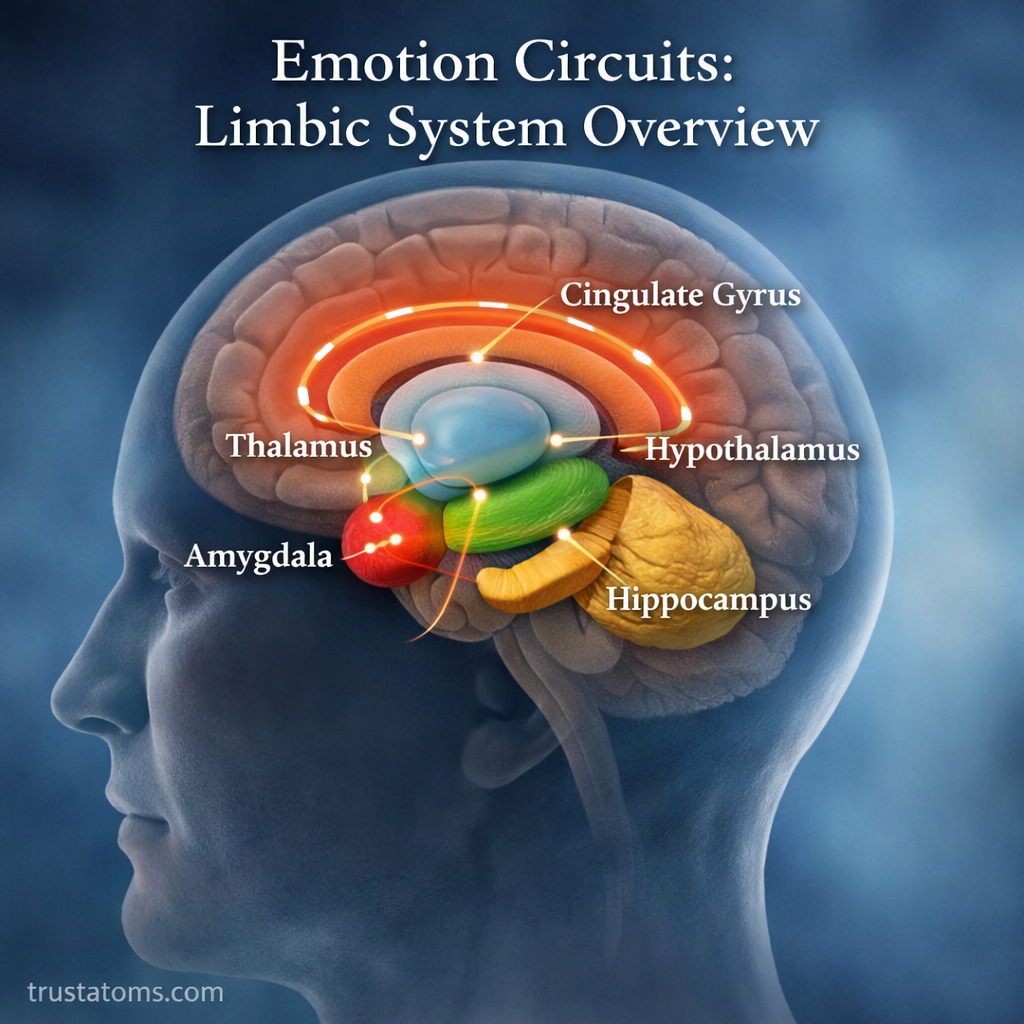Illustration of the human brain highlighting the limbic system including amygdala, hippocampus, hypothalamus, thalamus, and cingulate gyrus.