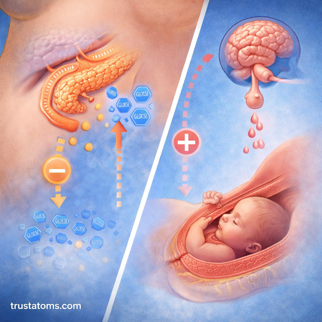 Split diagram showing insulin regulation of blood glucose and oxytocin-driven childbirth feedback loop.