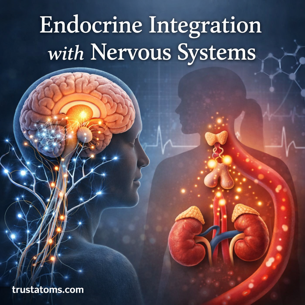 Illustration showing how the endocrine and nervous systems interact through the brain, hypothalamus, and major glands.