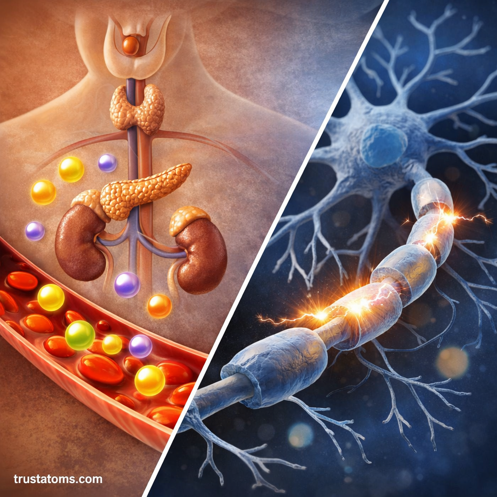 Split illustration showing endocrine glands releasing hormones into the bloodstream compared to a neuron transmitting electrical signals.