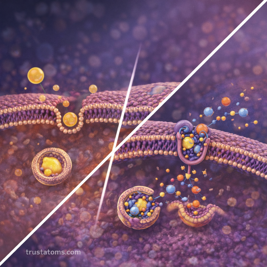 Split diagram showing vesicular transport in cells with endocytosis bringing materials into the cell and exocytosis releasing molecules outside the cell.