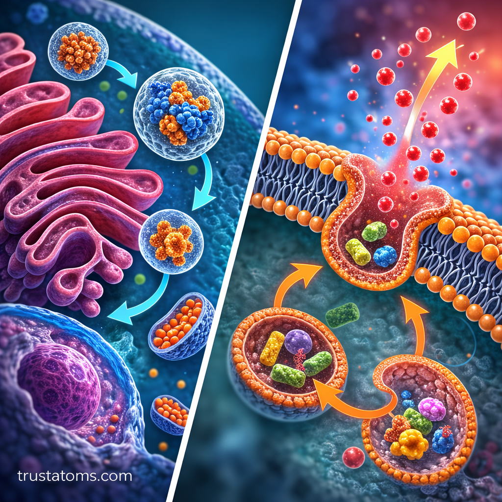 Split illustration showing vesicle transport processes including endocytosis bringing materials into a cell and exocytosis releasing molecules outside the cell.