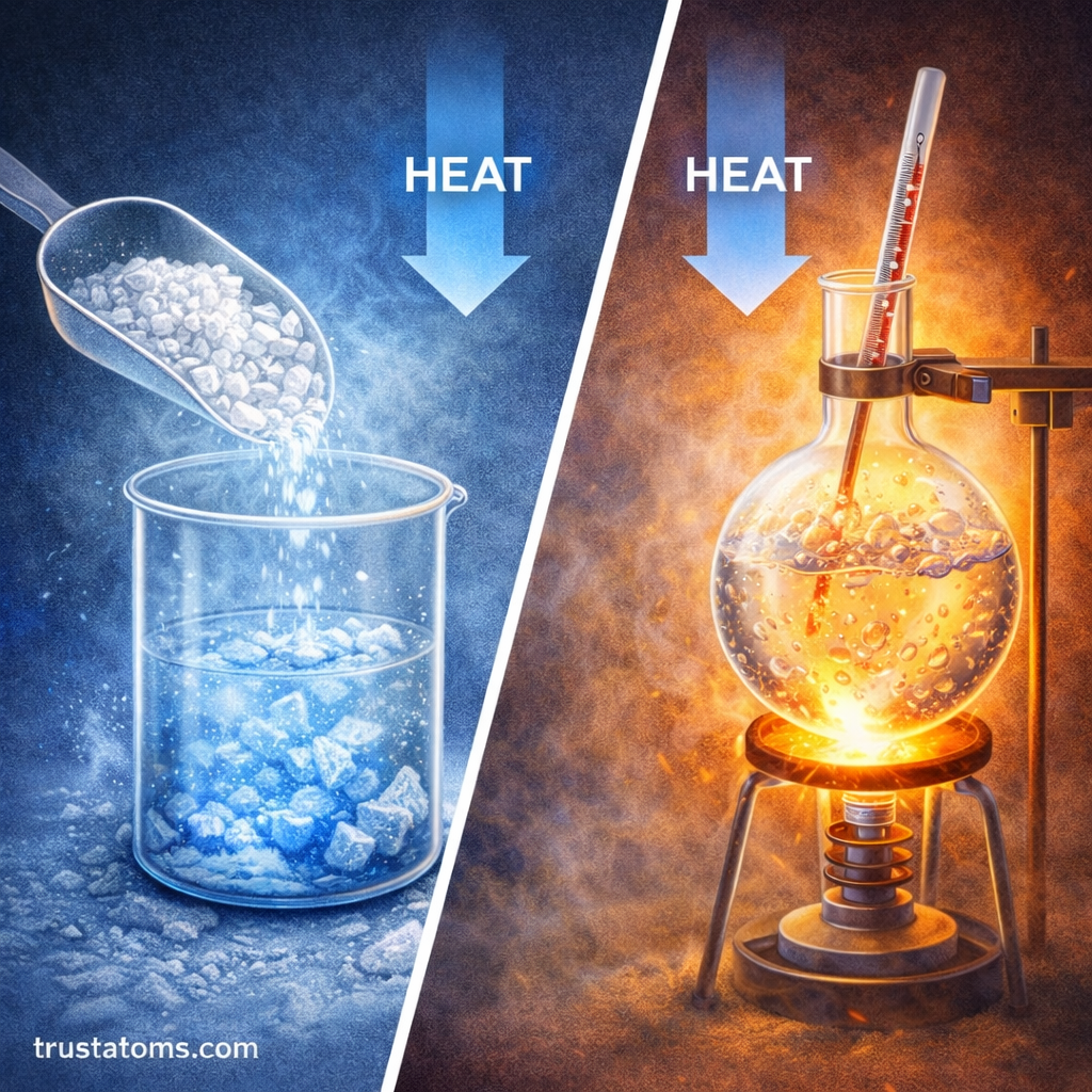 Split illustration showing examples of endothermic reactions, including ammonium nitrate dissolving in water and laboratory heating where heat energy is absorbed.