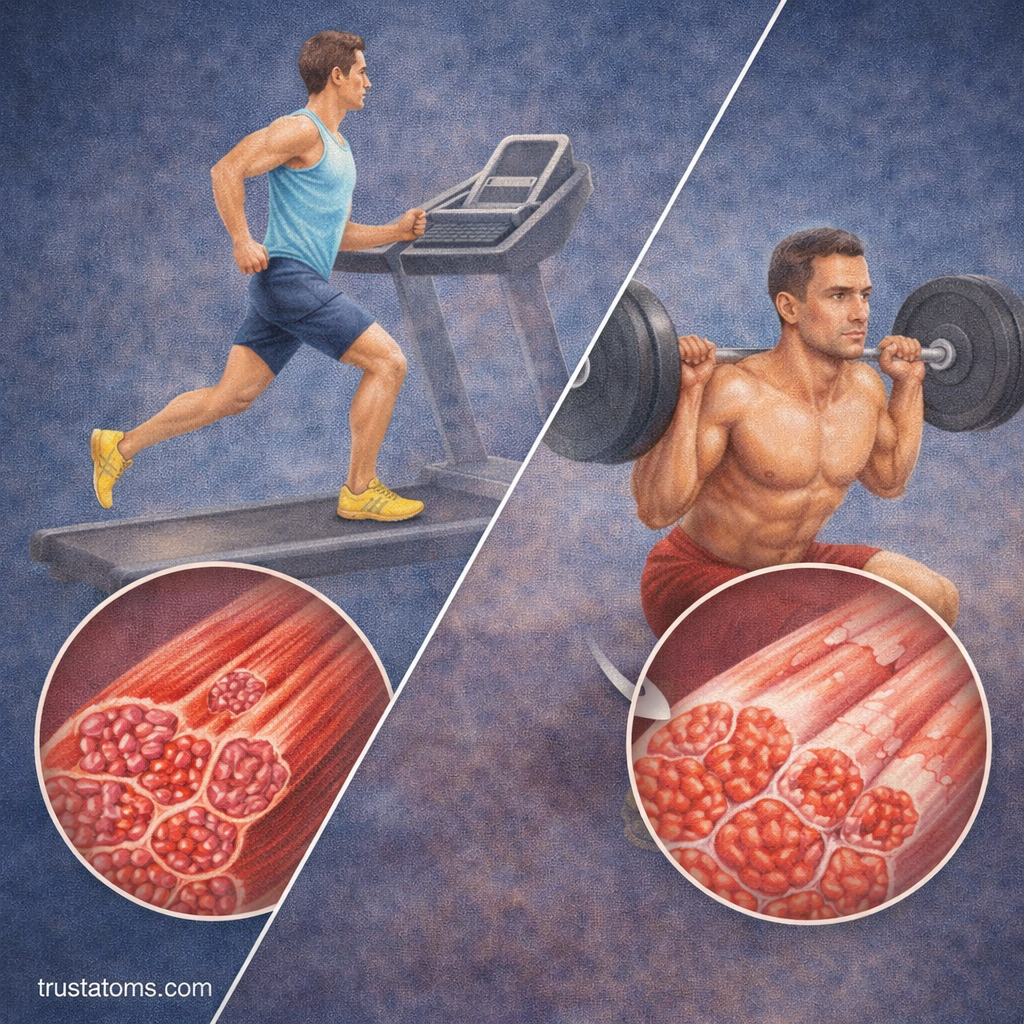 Diagonal split illustration showing endurance running with slow-twitch muscle fibers and strength training with fast-twitch muscle fibers.