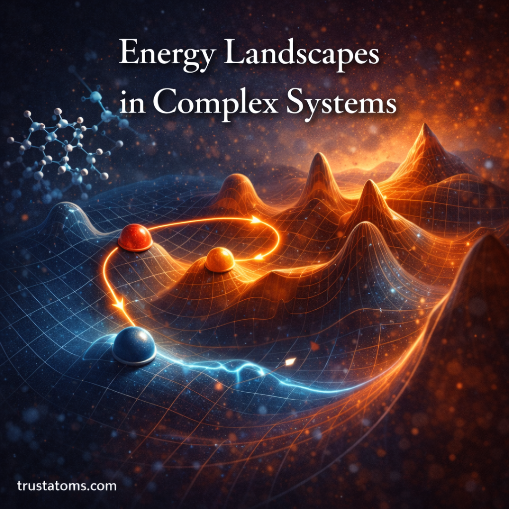 Illustration of energy landscapes in complex systems showing valleys, peaks, and particle transitions across a 3D terrain, trustatoms.com watermark.