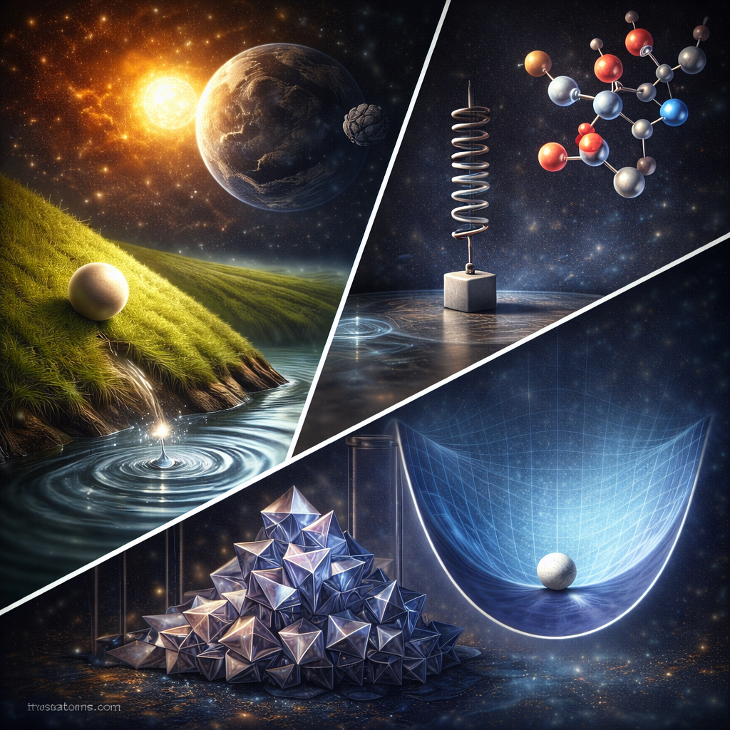 Split-diagonal illustration showing a ball rolling downhill, a spring-mass system at rest, molecular bonding structure, crystal formation, and a potential energy well representing stable equilibrium.