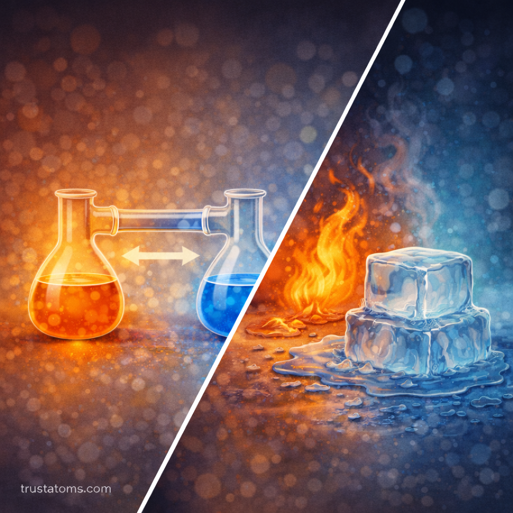 Split illustration showing heat energy transfer between chemical flasks and melting ice representing thermodynamic energy changes.