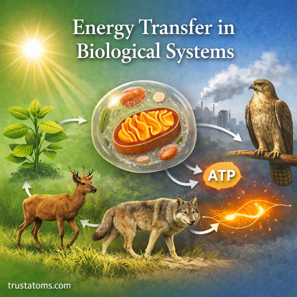Illustrated diagram showing energy flow in biological systems from sunlight and plants to animals and cellular ATP production.