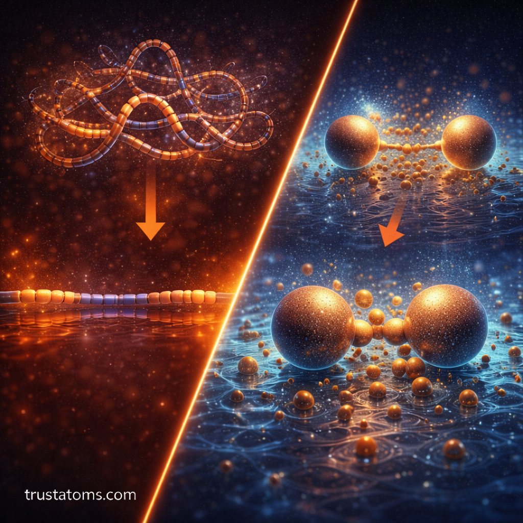 Split illustration showing polymer recoil driven by entropy on one side and depletion attraction between large particles on the other.