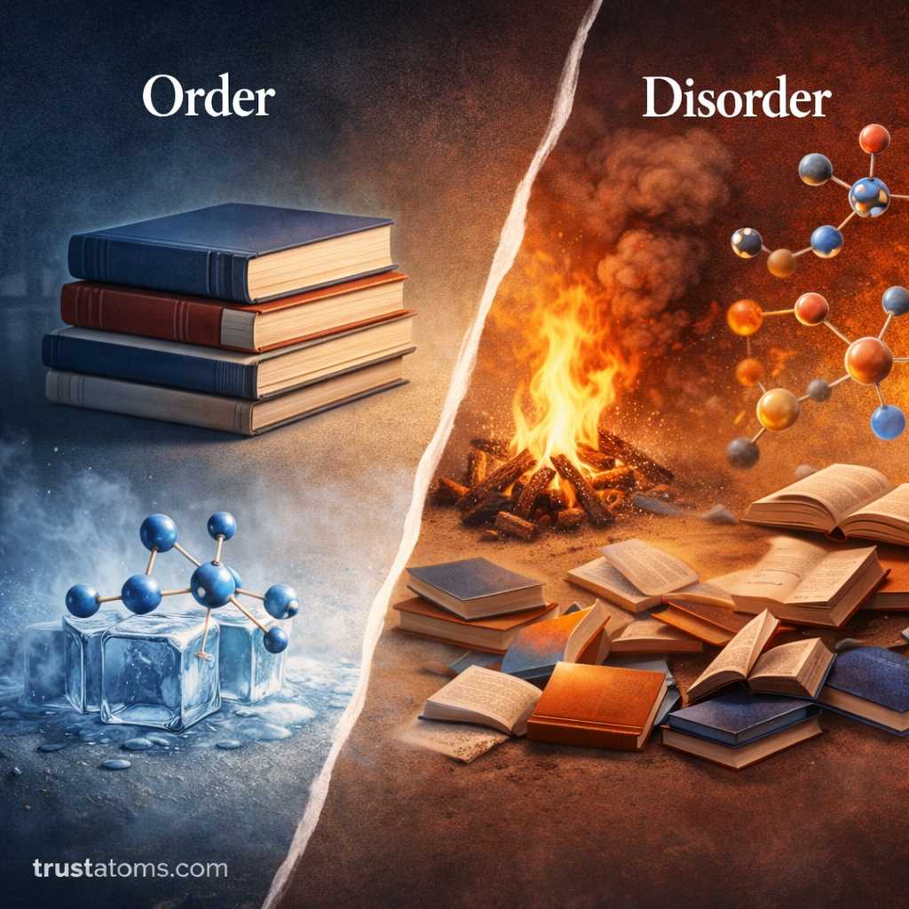 Split illustration showing order versus disorder with structured objects on one side and scattered particles and heat on the other, representing entropy increase.