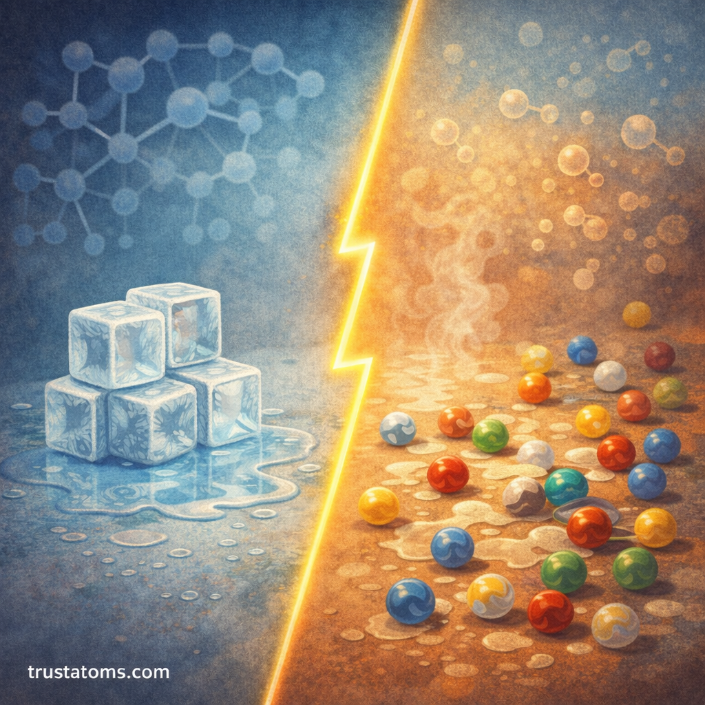 Illustration showing entropy through a comparison of ordered ice cubes and scattered marbles representing increasing disorder in a system.