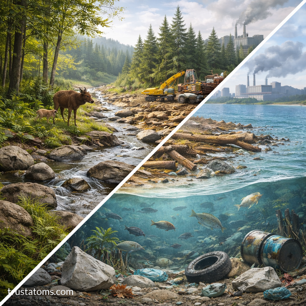 Split illustration showing a healthy forest ecosystem with wildlife and a polluted ecosystem with deforestation, machinery, and water pollution.