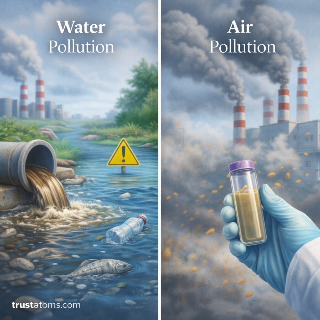 Split illustration showing water pollution from a pipe flowing into a river and air pollution from factory smokestacks with a scientist collecting an air sample.