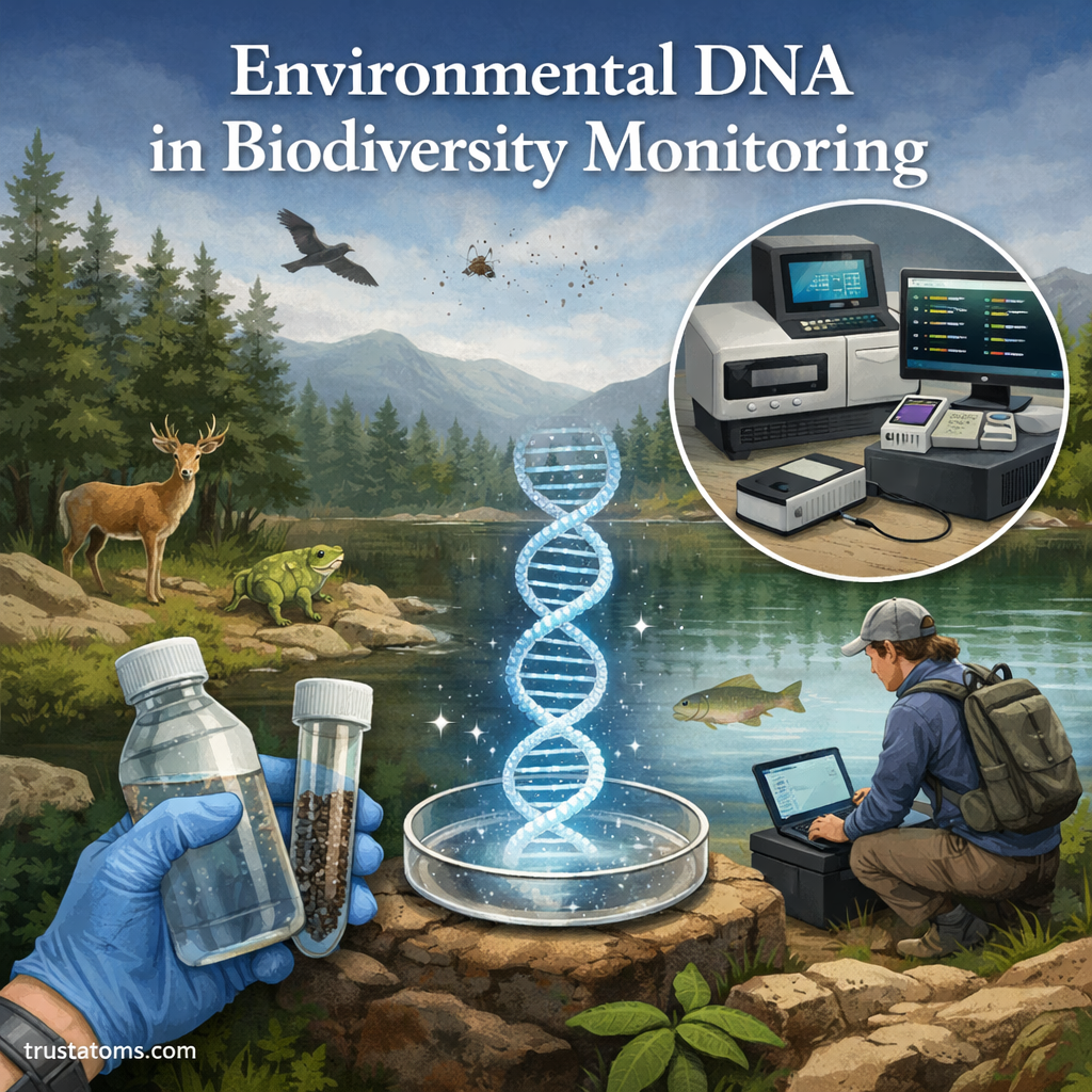 Illustration showing environmental DNA sampling in a natural ecosystem with wildlife, water collection samples, and DNA analysis used for biodiversity monitoring.