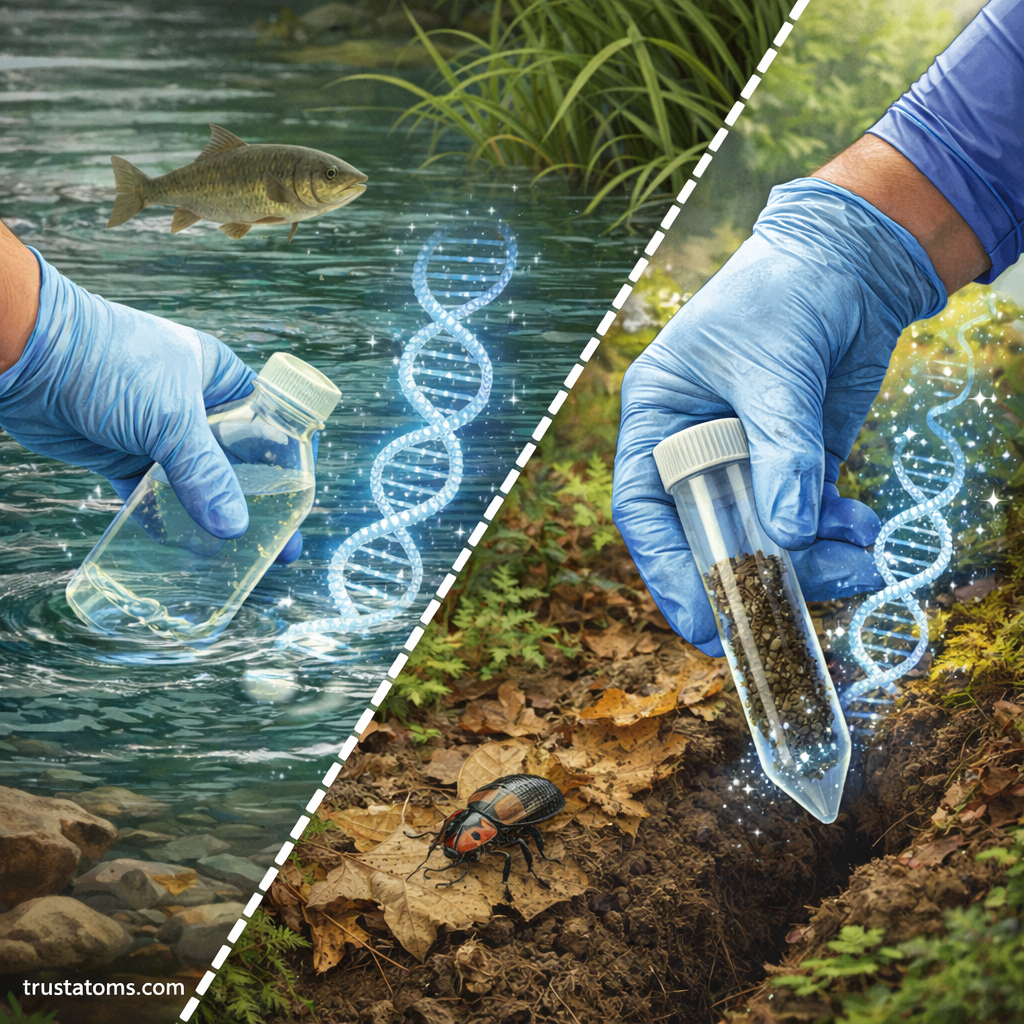 Split illustration showing environmental DNA sampling from river water and forest soil to detect species presence in biodiversity monitoring.