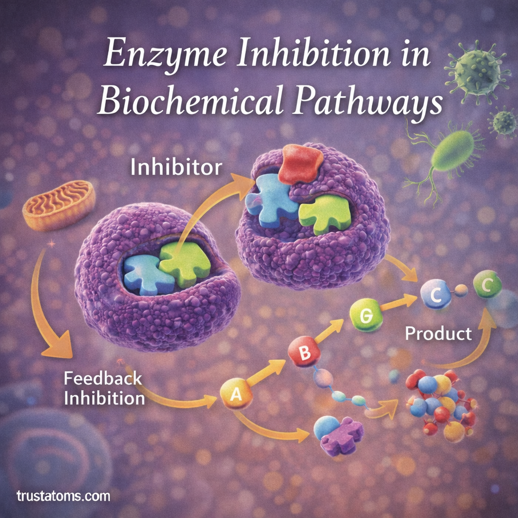 Scientific illustration showing enzyme inhibition and feedback inhibition in biochemical pathways with enzymes, substrates, inhibitors, and metabolic products.