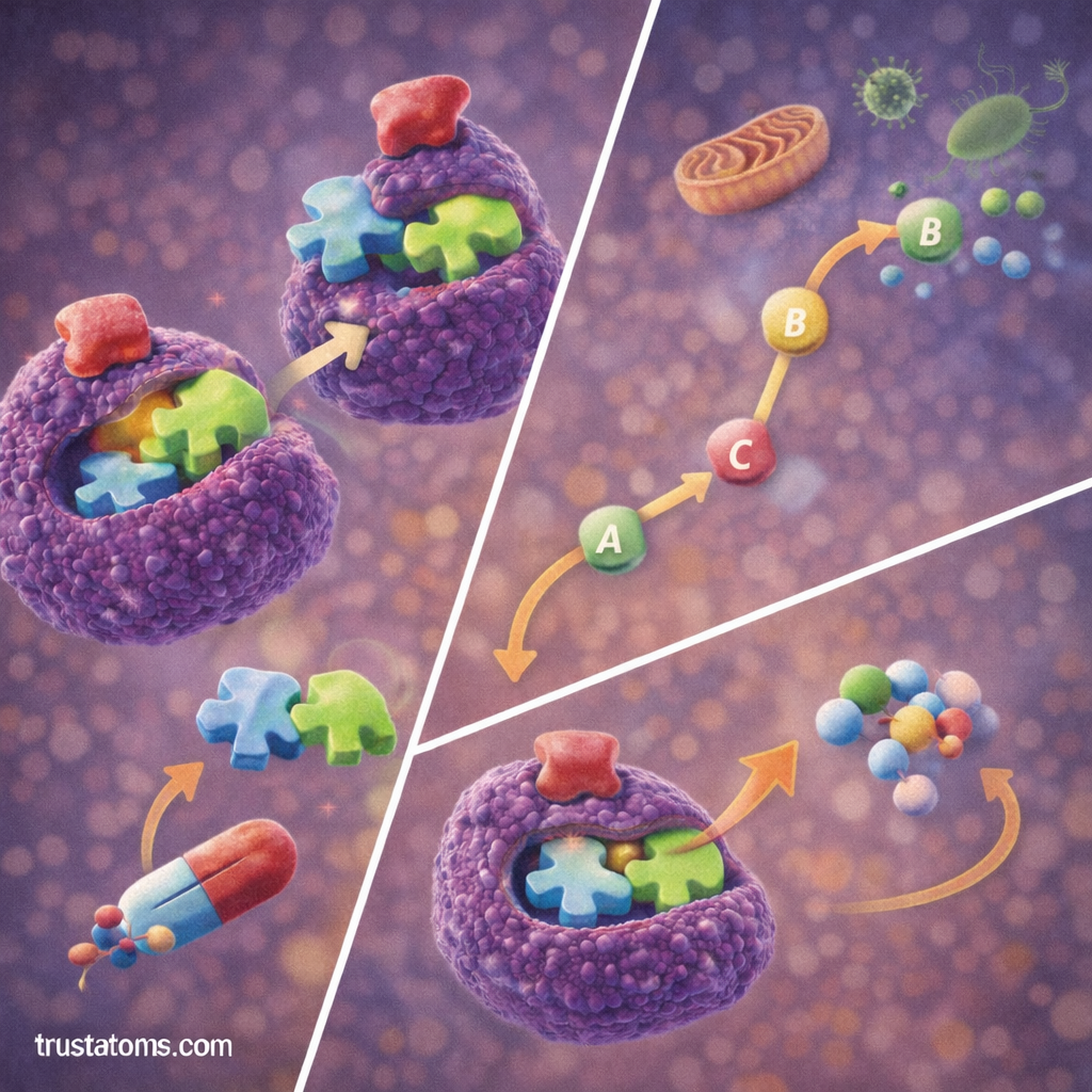 Scientific illustration showing enzyme inhibition mechanisms and feedback inhibition within a metabolic pathway.