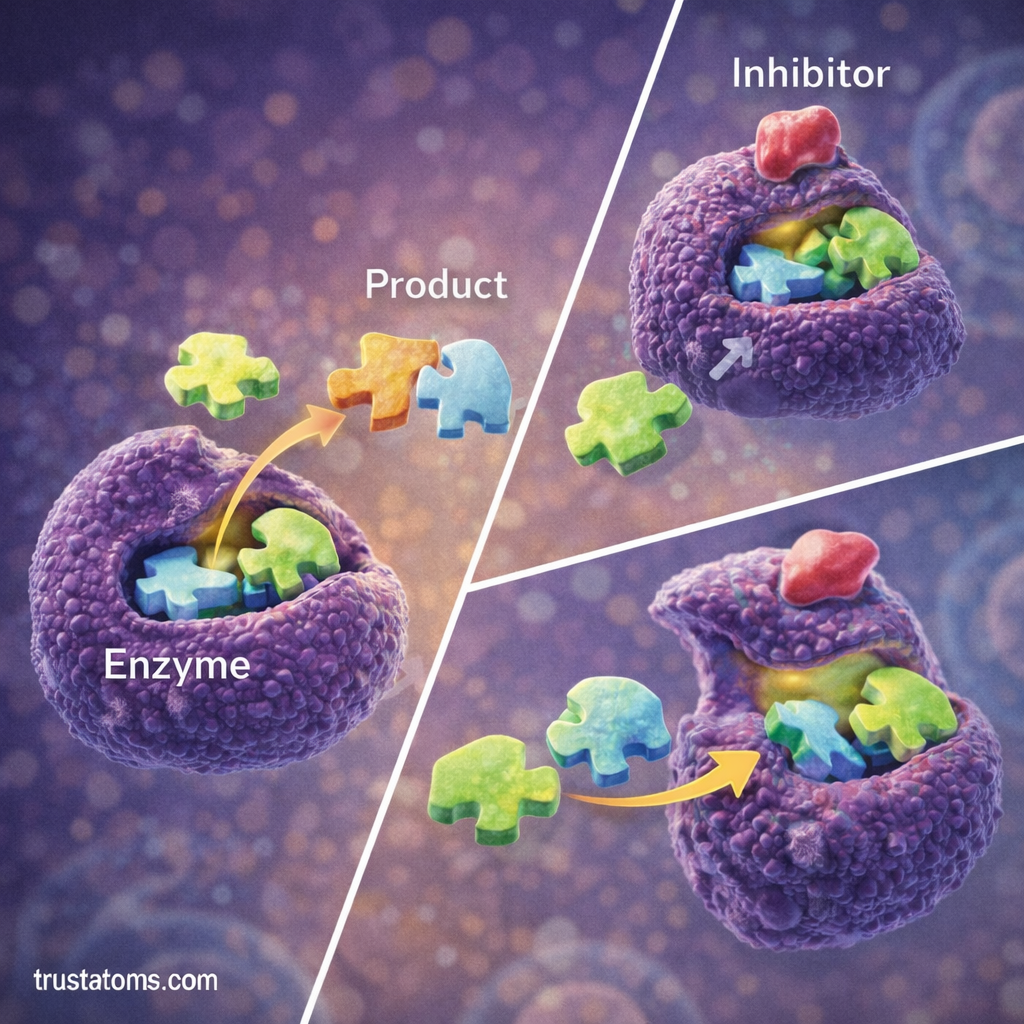 Scientific illustration showing enzyme activity and enzyme inhibition where molecules block or interfere with the enzyme’s active site.