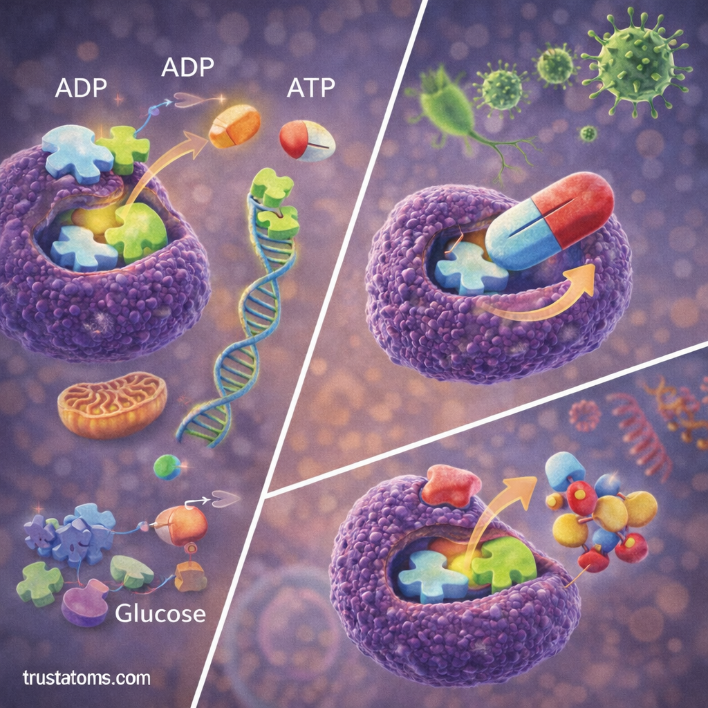 Scientific illustration showing enzyme activity with substrates and examples of enzyme inhibition affecting biochemical reactions.
